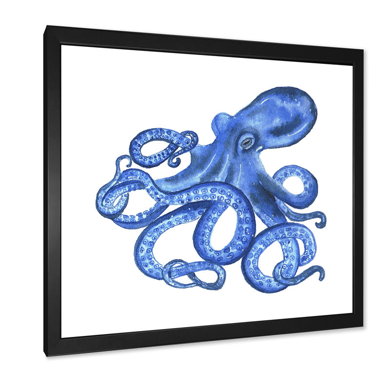" Cute Blue Octopus II " by Designart, Black Picture Framed Canvas, 16" H x 16" W x 1" D