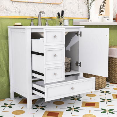 Meuble-lavabo moderne avec lavabo en céramique intégré, armoire à charnières à fermeture en douceur et 3 tiroirs