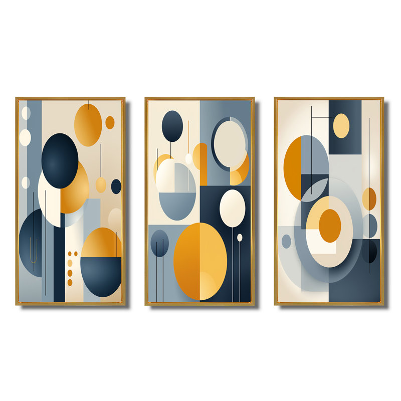 Ensemble de 3 imprimés géométriques circulaires en jaune et bleu III, Cadre flottant doré, H 20 po x l 36 po