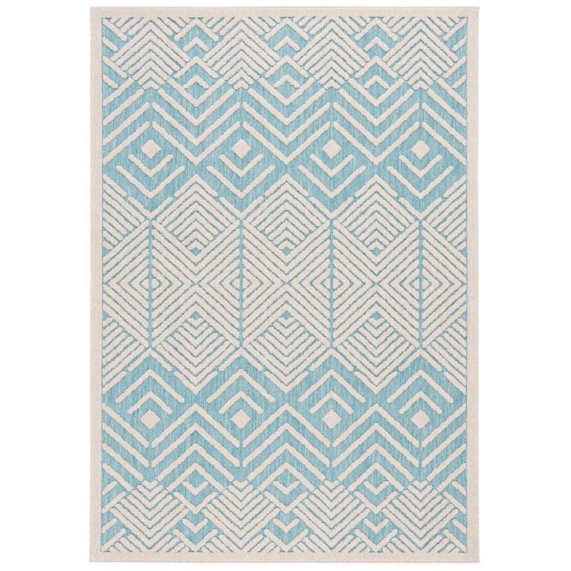 Ivory and Turquoise Geometric 5' x 7' Wool Area Rug