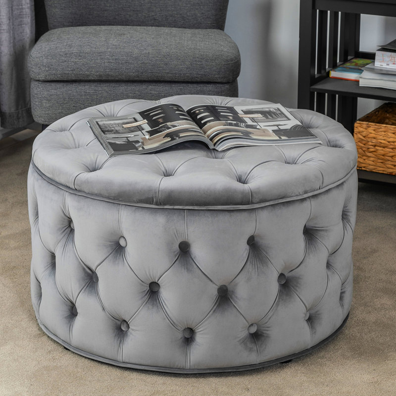 Amram Tufted Round Storage Ottoman, Gray Velvet