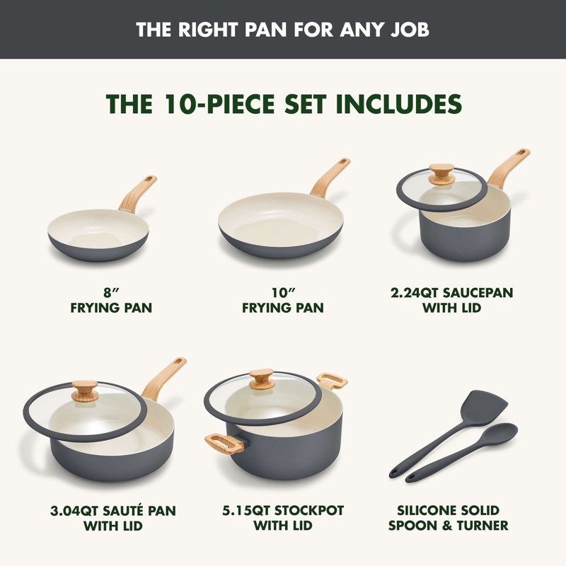 GreenPan Rio Essence Wood 10 Piece Cookware Set, Healthy Ceramic Nonstick, PFOA & PFAS-Free Coating, Gray