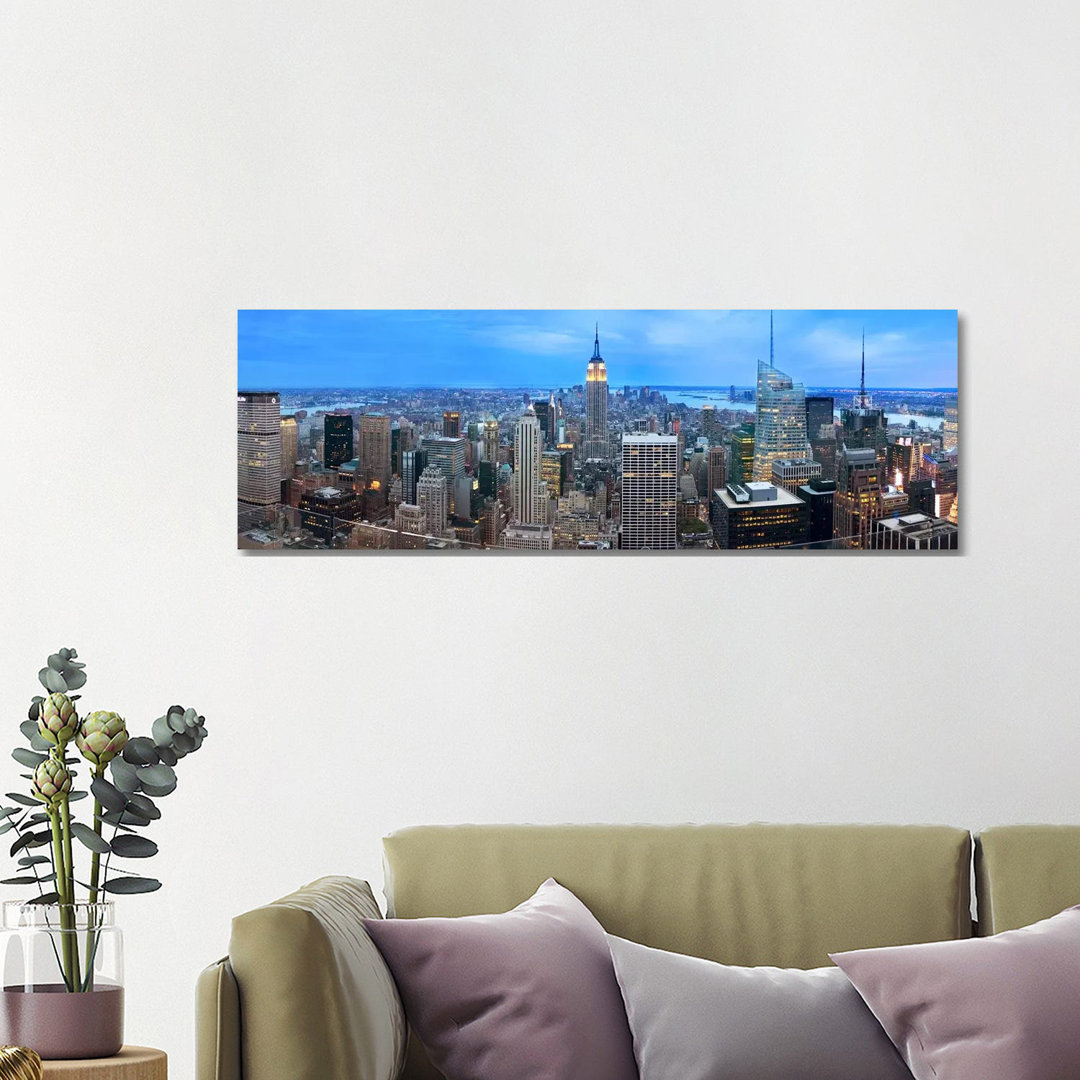 New York Panoramic Skyline Cityscape (Evening) - Wrapped Canvas Panoramic Photograph