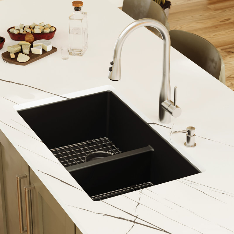 Ensemble d'évier de cuisine à double cuve 50/50 Karran Quartz 32 "X 19-1 / 2", Noir