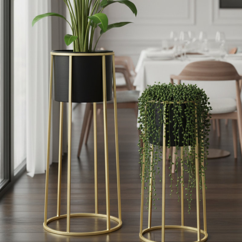 Ensemble de pots à fleurs modernes en métal noir avec support doré pour plantes fraîches ou artificielles, décoration de bureau, cadeaux