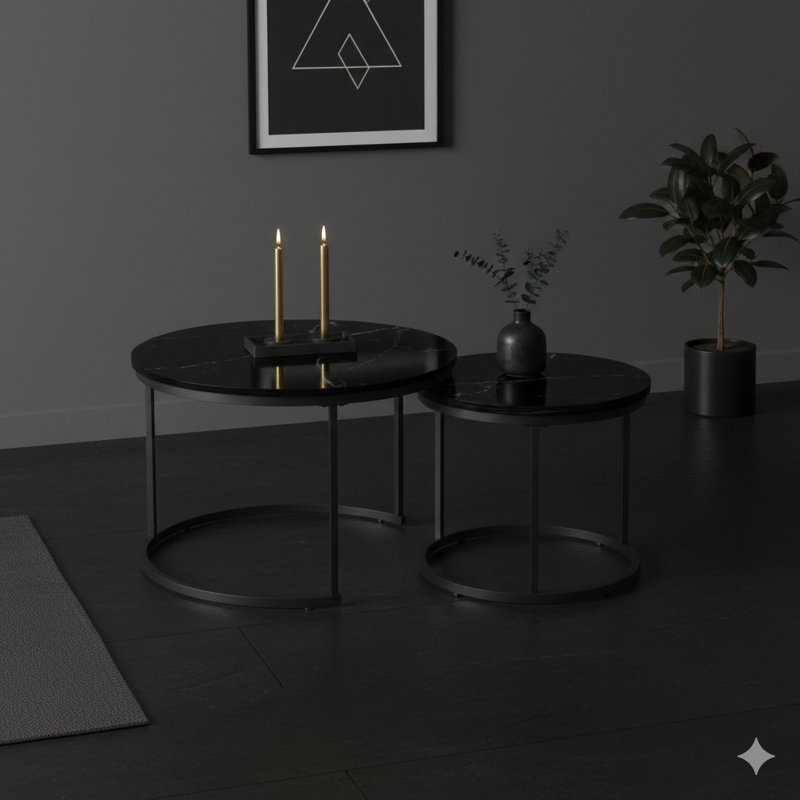 Set Of 2 Stackable Cocktail Tables, 27.6-Inch Round Design With Wood Marble Pattern Top And Sturdy Metal Frame, Side Tables For Living Room, Bedroom, Balcony, Yard (Black Finish)