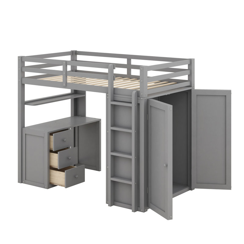 Javers Kids Twin Loft Bed with Drawers, Gray