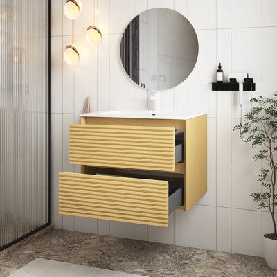 Armoire de rangement murale de 36 po en contreplaqué flottant pour salle de bain avec tiroirs, cuve en céramique blanche sans robinet, pré-assemblée, couleur grain de bois de chêne Corolla