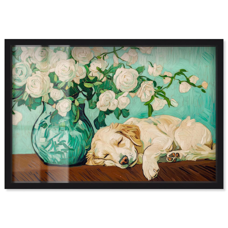 «Rose Vase Puppy Shadowbox Print Modern Pet Art» par Art Remedy, H 11 po x l 16 po, Noir
