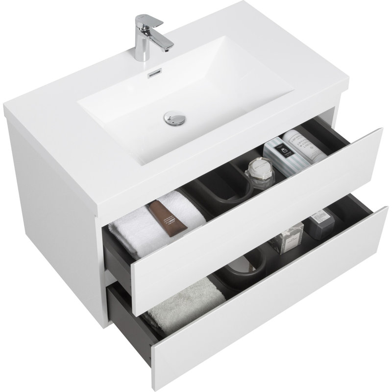 Meuble-lavabo mural moderne pour salle de bain, Blanc lustré