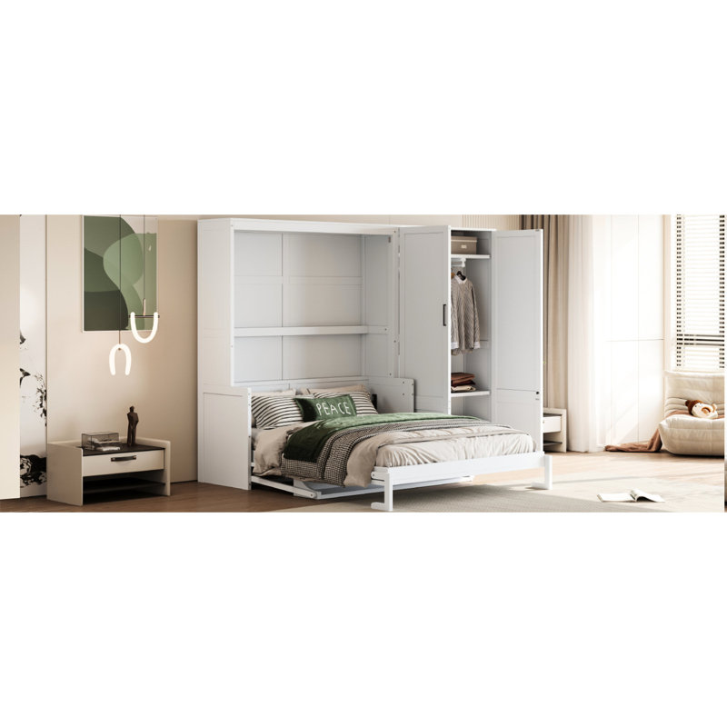 Grand lit hydraulique avec design moderne et garde-robe - Finition élégante blanche