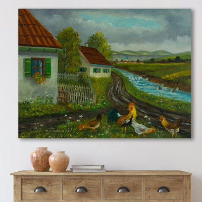 " Three Chickens And A Cock In A Meadow With Flowers " Painting Print