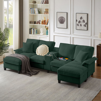 Canapé-lit modulaire en velours côtelé de 120 po avec rangement - conception moderne en forme de U, 4 places, parfait pour le salon, un appartement ou un salon, avec porte-gobelets pour plus de commodité