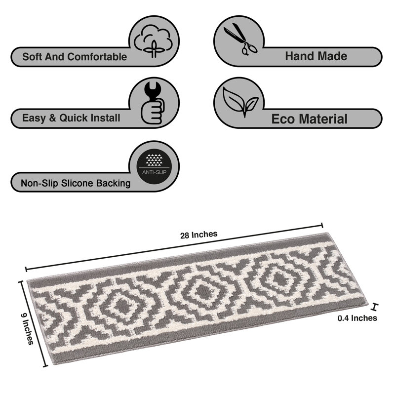 Tapis d'escalier biseauté pour marche en bois Tapis à poil long blanc / gris Lavable à la machine avec envers en caoutchouc