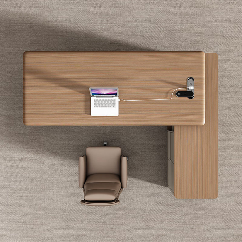 Bureau de direction en L 102,36 "de couleur naturelle et beige avec buffet, H 29,53 po x l 102,36 po x P 62,99 po