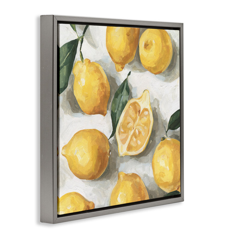 «Citrus Lemons Over White», art mural encadré flottant par Emma Caroline, Cadre flottant gris lustré, H 18 po x l 18 po