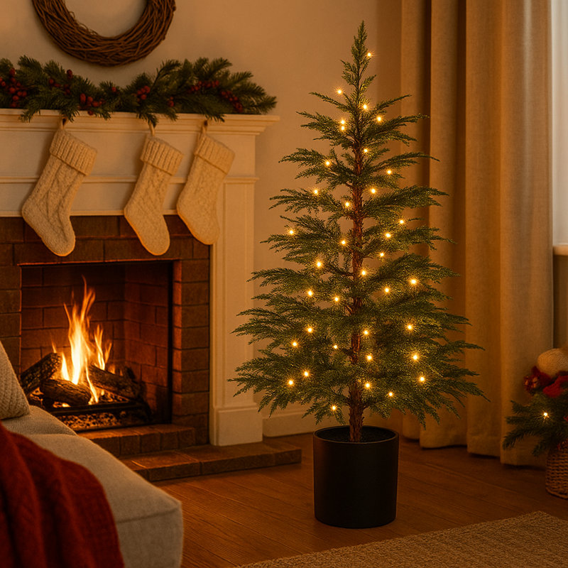 Ensemble de 3 pi de 2 arbres de Noël en pot pré-éclairés, lumières DEL à piles, pot en résine, 3'