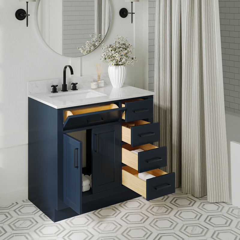 Meuble-lavabo simple Jameal de 36 po en bois massif avec comptoir en marbre de Carrare de 0,75 po et lavabo ovale dÃ©calÃ© Ã  droite