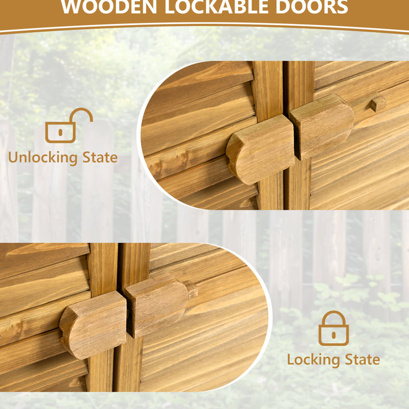 Wood Garden Shed With Lockable Door & Waterproof Roof - 2 Removable Shelves, Strong Structure, For Lawn, Patio, Backyard Pool Storage Asphalt Solid Wood, Backyard, Garage