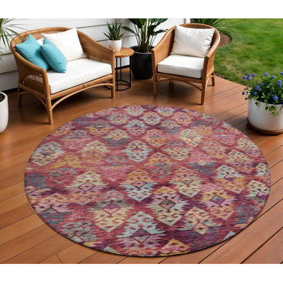8' Blush Round Aztec Washable Indoor Outdoor Area Rug