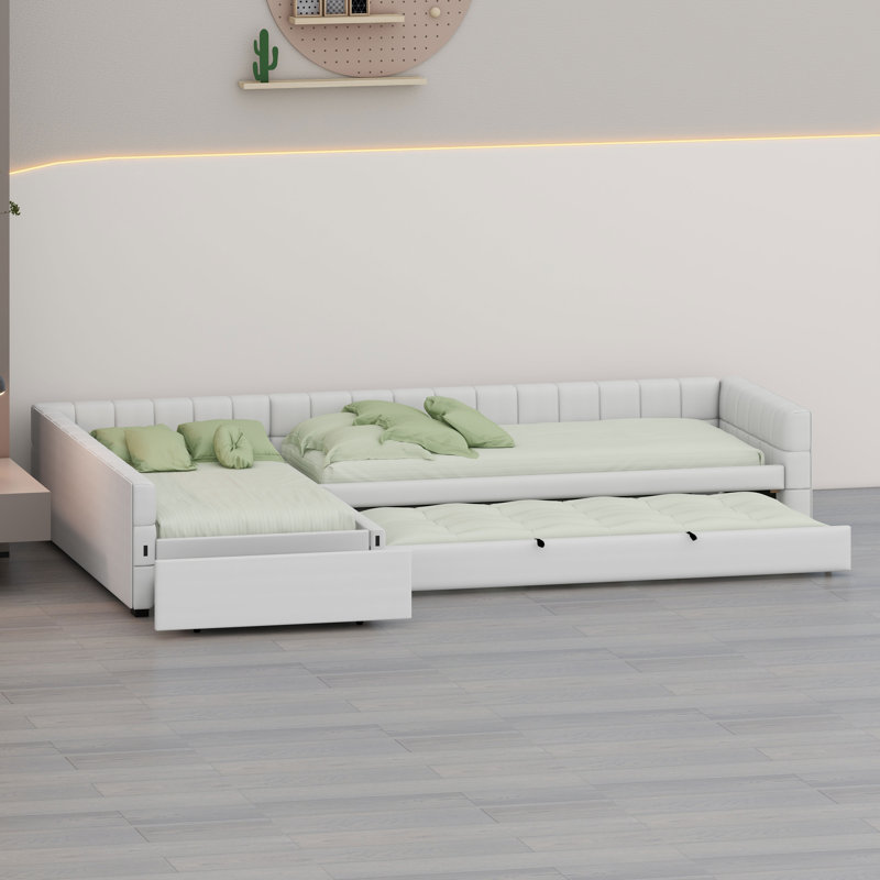 Lit de jour rembourré en L multifonctionnel avec couchette et tiroir, Beige