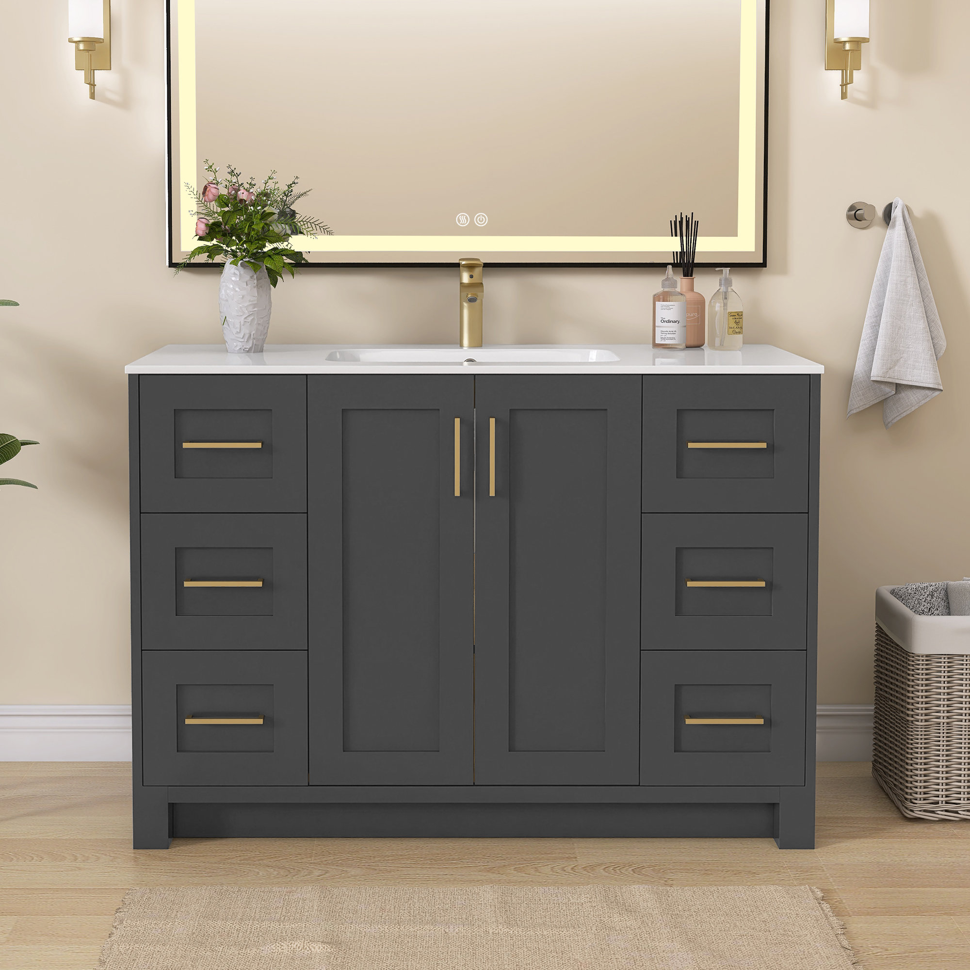 Mercer41 48'' Dark Grey Freestanding Modern Solid Wood Bathroom Vanity