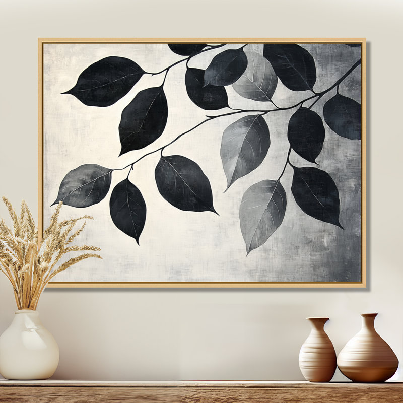 «Black Leaves Shadow Silhouette IV» - art mural feuilles, H 24 po x l 32 po, Impression encadrée flottante, Crème, crème