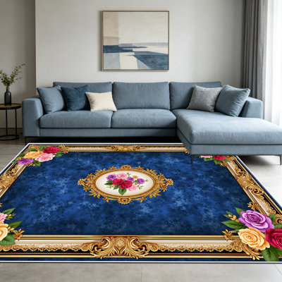 Tapis 1 pièce Roses Bleues et Dorées, élégant et polyvalent, facile à nettoyer et à entretenir, idéal pour la chambre, le salon, le corridor, l'entrée, une chambre d'étudiant ou un bureau, et pour rafraîchir votre intérieur.