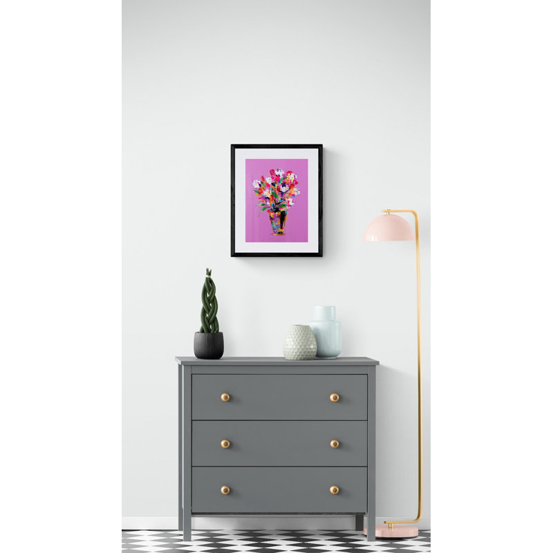 Flowers On Pink Print by Jphono 1, Black Framed Paper, White, 21.25" H x 17.25" W x 0.875" D