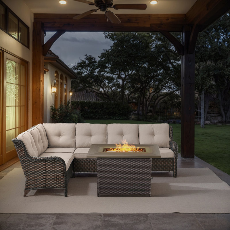 Dahlyla 6 - Person Outdoor PE Wicker Sectional Seating Group with Fire Pit and Cushions, Beige, Brown