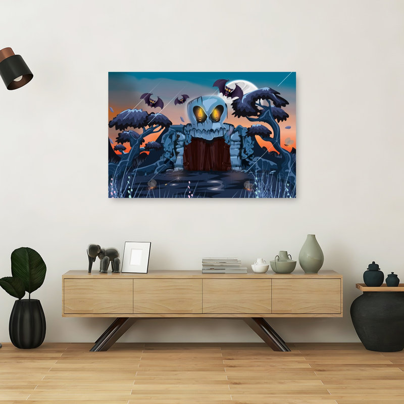 Affiche murale abstraite contemporaine représentant une porte de crâne au clair de lune, un paysage de chauves-souris et une nature.