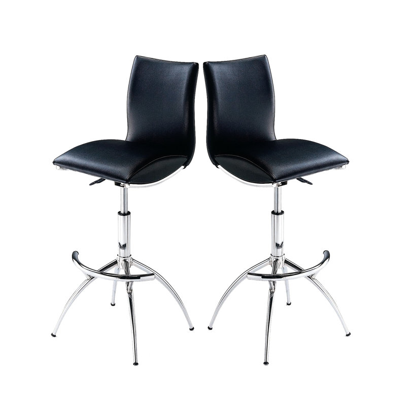 Modern Adjustable Bar Chairs   Of 2 , Black Upholstery, Frame, 26"-30" Height, Easy To Guard Height Stools  Pair , Leather-Like Covering, Metal Foam Filled Seat, Maintain