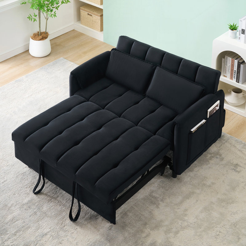 55" Two Seater Pull Out Sofa Bed, Adjustable Backrest With USB Ports, Two Side Pockets, Black Velvet