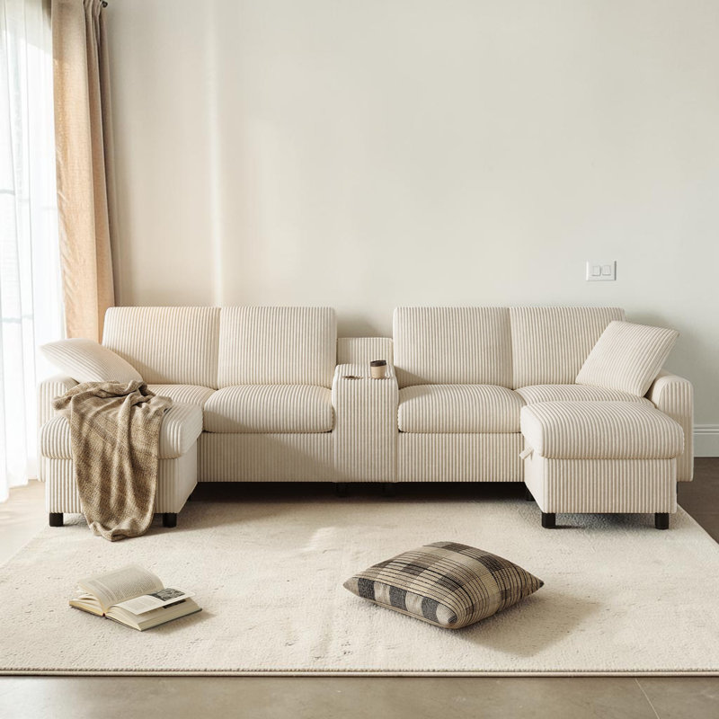4 Seater Corduroy Sofa, Beige Corduroy
