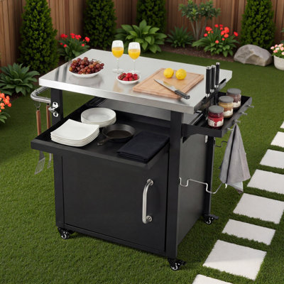 Outdoor Grill Cart Kitchen Island With Wheels, Stainless Steel Top, Spice, Paper Rack And Waterproof Cover