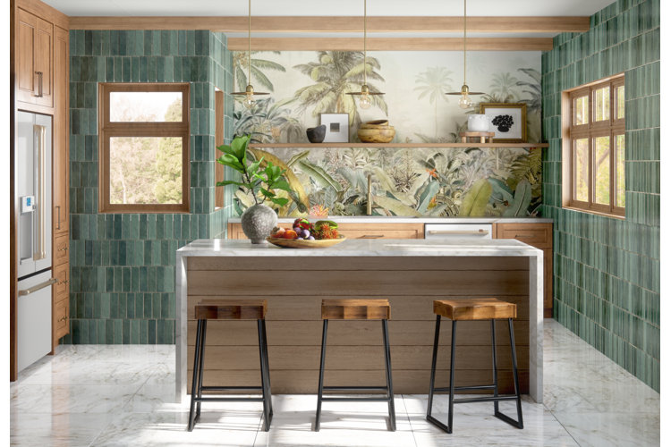 tropical kitchen with green tile and a jungle mural