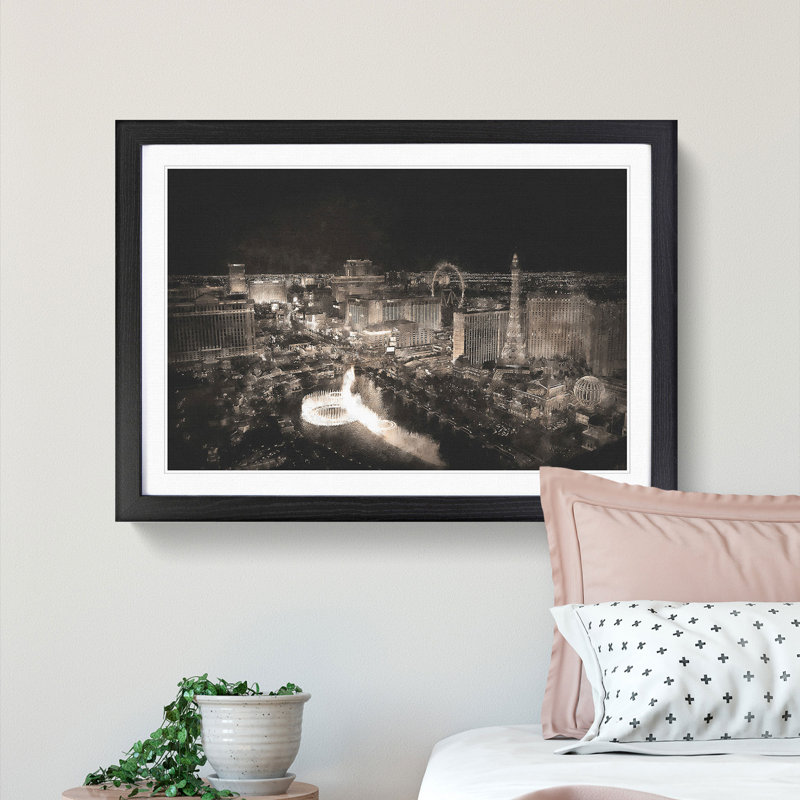Las Vegas Skyline at Night - Picture Frame Painting Print, 33cm H x 45cm W x 2cm D, Black Framed