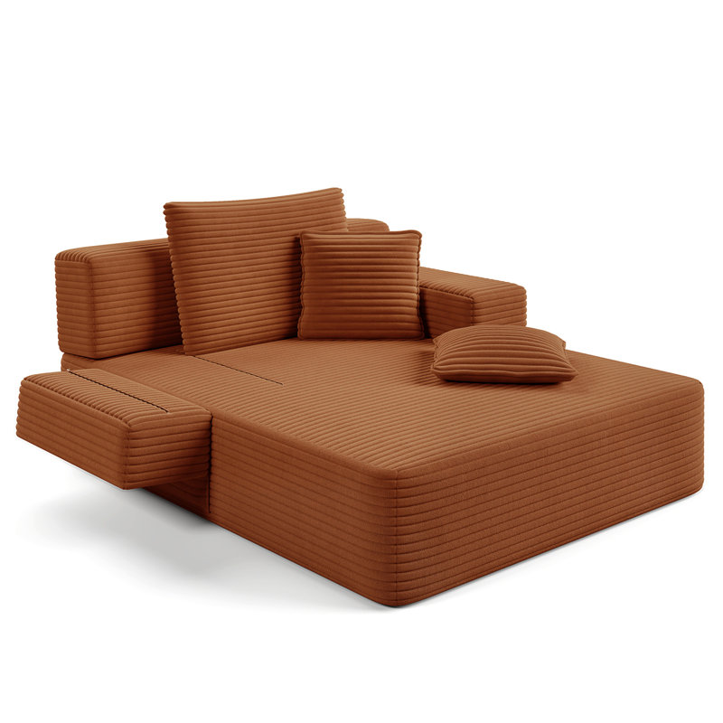 Chaise longue en velours côtelé luxueux avec 3 coussins, Orange Fabric