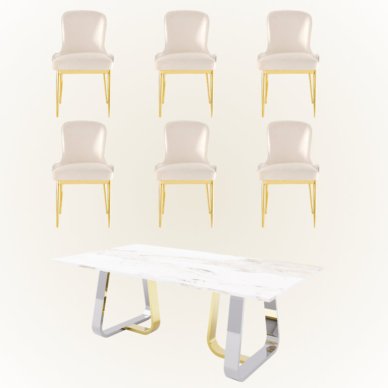 Everly Quinn Inc 80 Inches Faux Marble Dining Table Set For 6 With Stainless Steel Base And 37" Chrome Dining Chairs