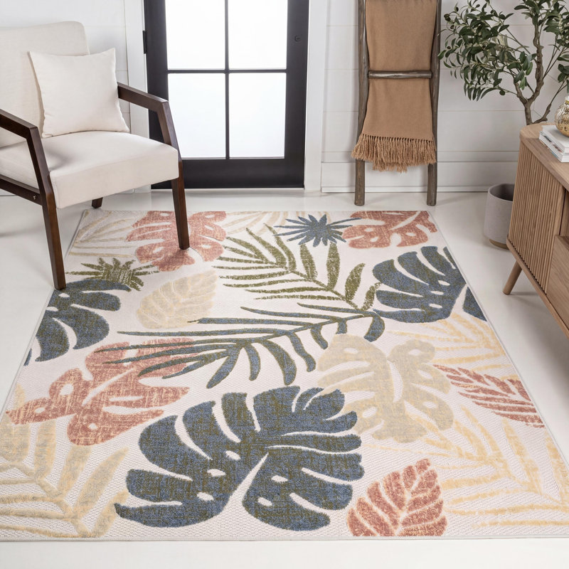 Tapis d'intérieur / extérieur Monstera, Rectangulaire 3 pi x 5 pi, Crème / Multicolore