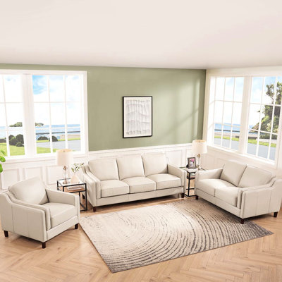 Cuir beige - 3 places, cuir véritable, style moderne Mid-Century, dossier rembourré, fabrication en bois massif à accoudoirs carrés 3, Vibe, structure en eucalyptus véritable, siège mi-ferme, accoudoir, rembourrage en duvet