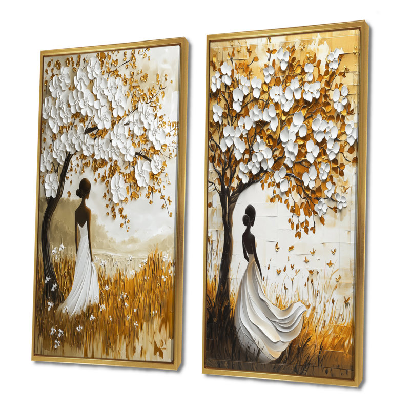 «Woman Silhouette Basswood I - Tree Cherry Blossom», ensemble de 2 pièces d'art mural, H 40 po x l 40 po, Cadre flottant doré