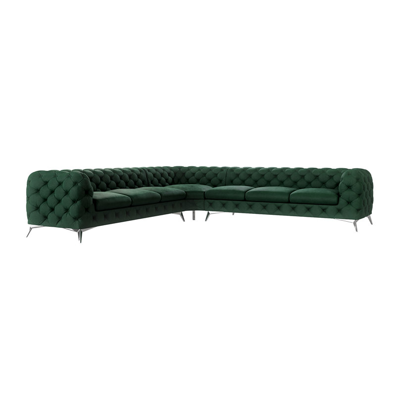 Chesterfield Corner Sofa L-Shape  with Silver Metal Legs, Bottle Green