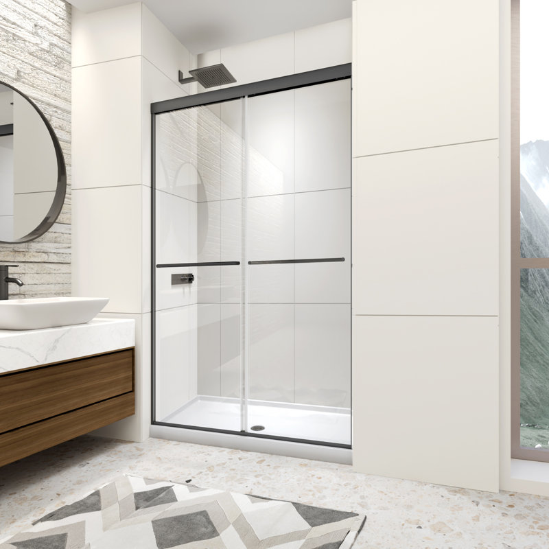 44-48" W x 70" H Framed Shower Door Double Sliding Door with 1/4" (6mm) Clear Tempered Glass, 2 Towel Bars for Walk-in Bathroom, Matte Black Finish Shower Doors, Reversible Installation