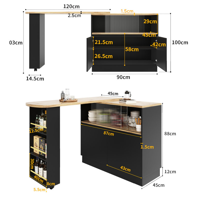 120cm 360° Rotation Bar Table With Doors And Shelves Multifunctional Sideboard With Open Shelves Storage Space, Black