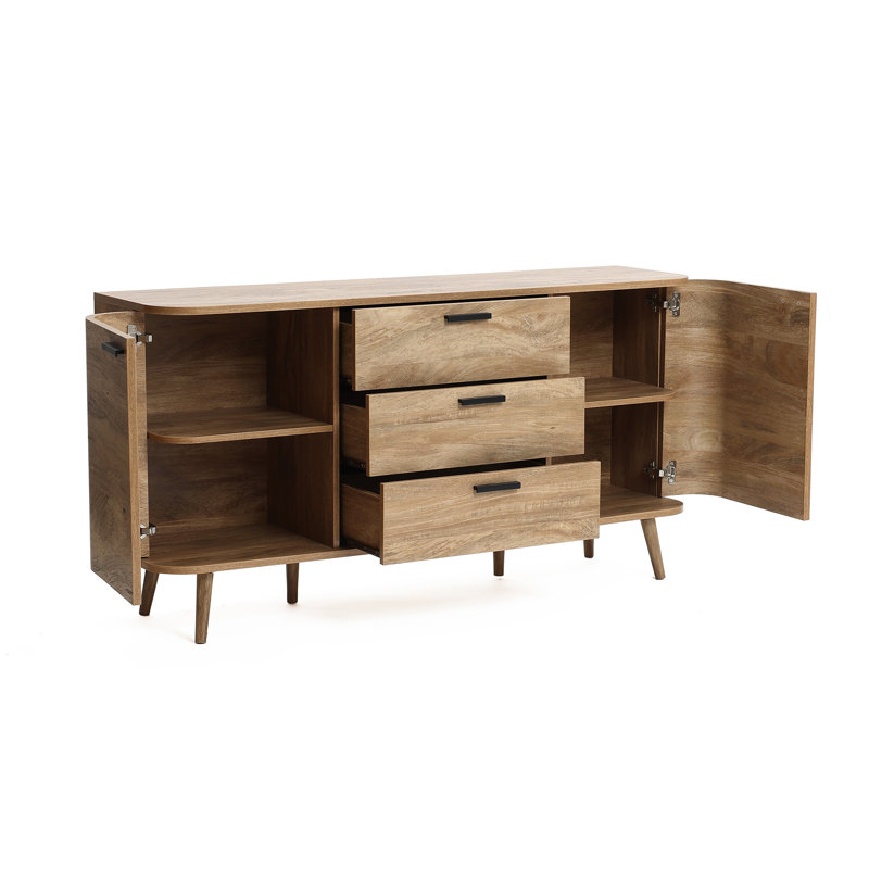 59.1" W 2-door 3-Drawer Sideboard Cabinet with rounded corner Natural Oak Manufactured Wood