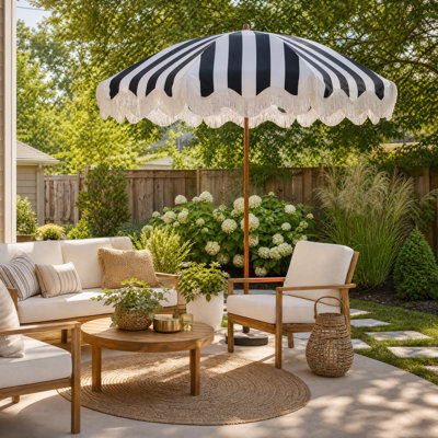 Parasol de terrasse de 6,5 pi avec frange, parasol de plage anti-UV inclinable et réglable en hauteur, avec sac de transport et piquet de sol, parasol d'extérieur pour piscine, jardin, cour