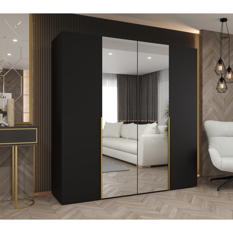 Wardrobe Cante 2, Mirror, Standard Doors, 202 H x 200 W x 52 D, black matt + handles: gold