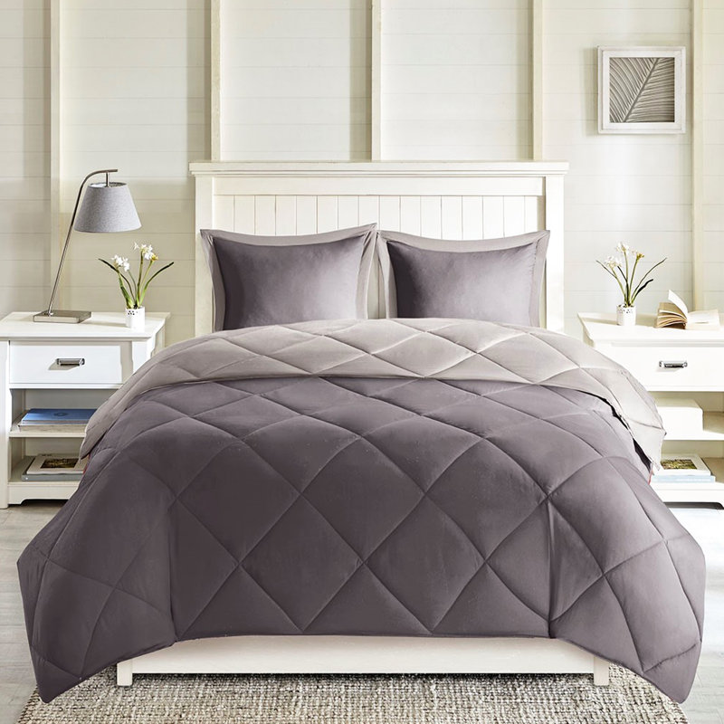 Édredon traité 3M avec duvet synthétique, Édredon double / grand + 2 taies décoratives sta, Gris