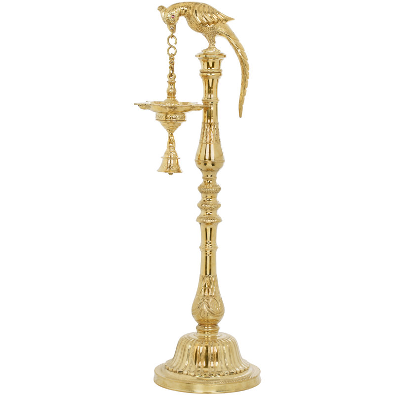 Lampe à huile 29 po en laiton faite à la main avec perroquet | Diya à mèches multiples pour chambre de Puja, décor de temple et décor de maison indienne | Métal finement traditionnel